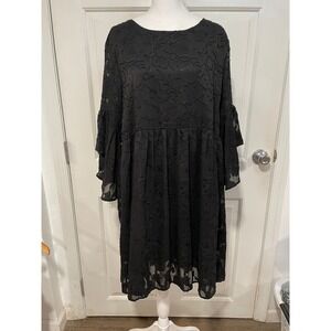Umgee XL Black Floral Burnout Sheer Babydoll Dress Bell Sleeve Flowy Witchy Goth